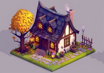 Sticker - Cute Cartoon Style Autumn Cottage Illustration