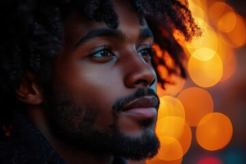 Wall Mural - stylish young man with afro at twilight bistro warm amber lighting illuminates his profile casting dramatic shadows across his features urban chic ambiance with bokeh city lights in background