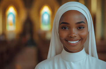 Wall Mural - Portrait of a Smiling Black Nun Standing in a Church, Illuminated by Soft Light, Representing Faith, Devotion, and Inner Peace in a Sacred and Spiritual Environment
