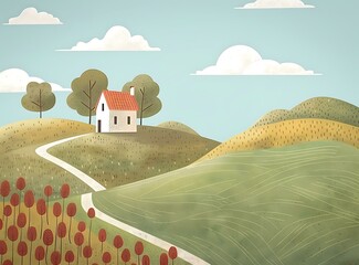 Canvas Print - Cute Illustration of Countryside Landscape with House