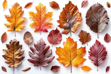 Wall Mural - Autumnal Isolated Oak Leaves Collection on White Background