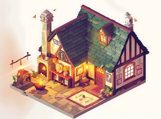 Wall Mural - Cozy Isometric House Illustration With Fireplace And Bookshelf