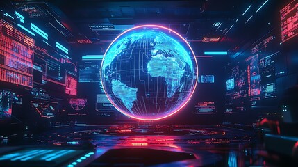A glowing blue Earth surrounded by digital code and interfaces.