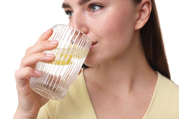 Sticker - Woman drinking water with lemon on white background, closeup