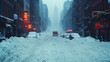 © kanesuan - A snowstorm paralyzing a city, with streets and vehicles buried under several feet of snow, showcasing the impact of extreme winter weather on urban life.