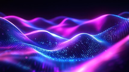 Poster - abstract neon glowing waves background with bright blue and pink colors.