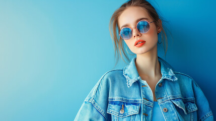 Denim fashion for a girl with a vibrant background and copy space.