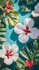  Tropical Floral Pattern With White and Red Hibiscus Flowers and Green Leaves