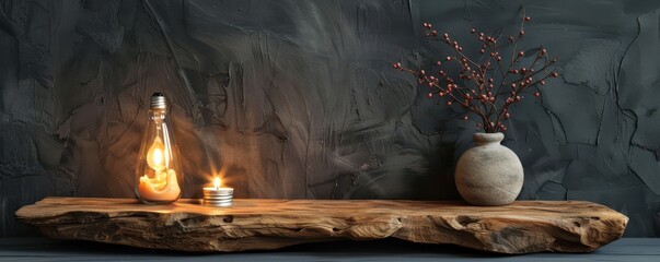 Wall Mural - Candle and potted plant creating a cozy, warm atmosphere on a rustic wooden table. Free copy space for banner.