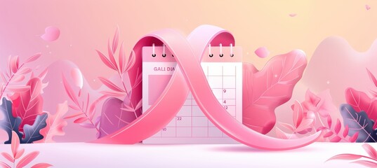 Breast Cancer Awareness Poster with Pink Ribbon and Floral Elements for Health Campaign Design