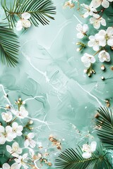 Wall Mural - Floral Green Background with White Flowers and Palm Leaves