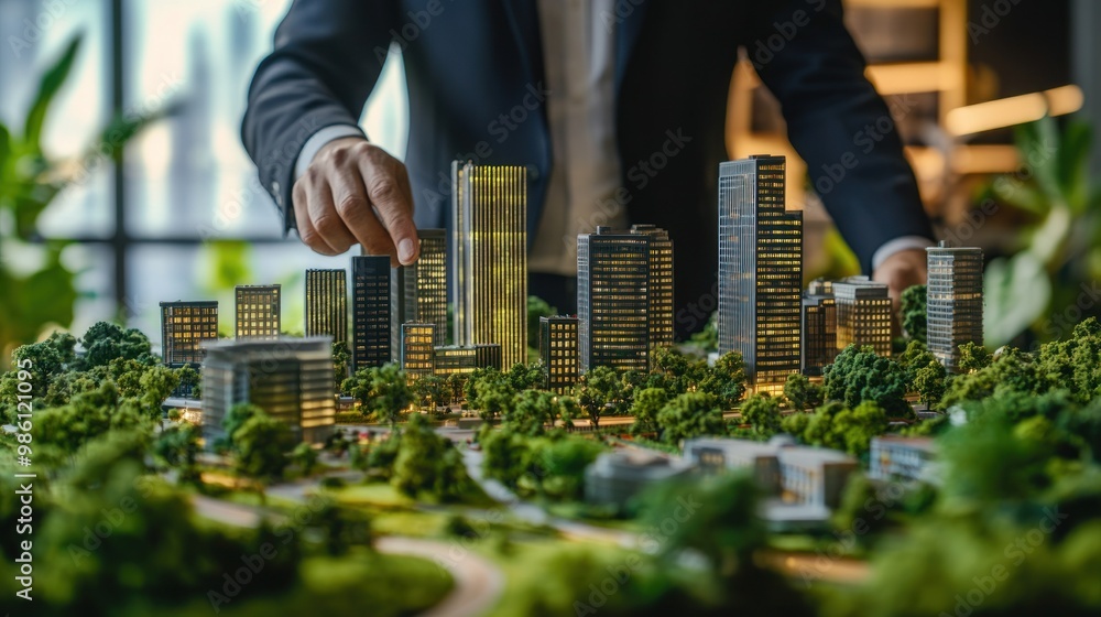 Close-up of a businessman's hand pointing at a model city with tall ...
