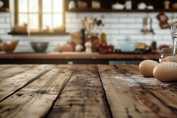 Baking ingredients on wooden table for food preparation. Kitchen background.