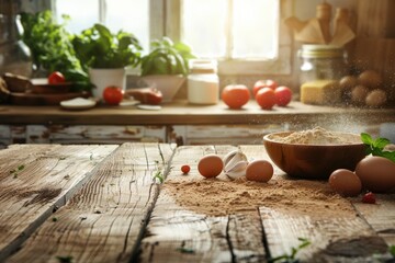 Baking ingredients on wooden table for food preparation. Kitchen background.