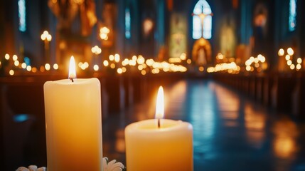 Two Lit Candles in a Church Interior with Rows of Candles in the Background.