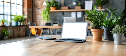 Wall Mural - professional laptop mockup in a contemporary office setting - transparent png banner for elegant bus