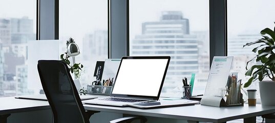 Wall Mural - professional laptop mockup in a contemporary office setting - transparent png banner for elegant bus