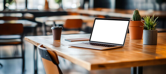 Wall Mural - stylish laptop mockup in an open office workspace - transparent png banner for business websites, di