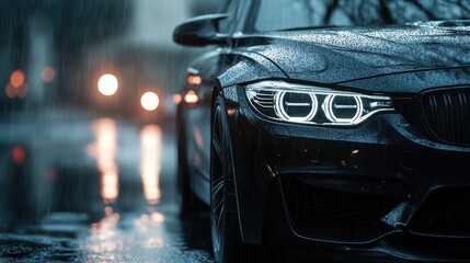 Black car headlight in the rain.