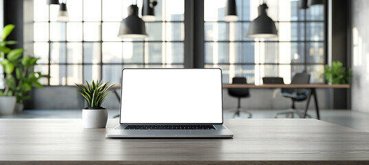 Wall Mural - laptop mockup in a contemporary office space - transparent png banner ideal for showcasing technolog