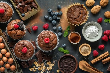 Wall Mural - Variety of homemade muffins with chocolate and berries.