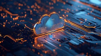 Poster - 3D render of a cloud computing symbol on a circuit board.
