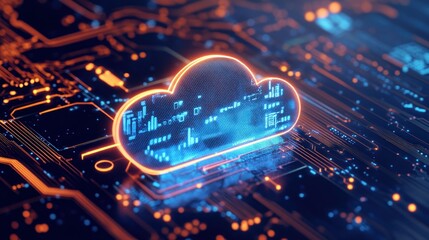 Poster - a glowing cloud icon sits on top of a circuit board, representing data and technology.