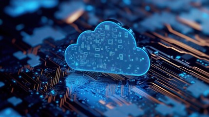 Poster - a glowing blue cloud symbol on a circuit board.