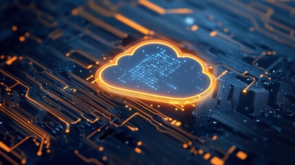 Poster - Abstract cloud computing concept with glowing orange lines and binary code.