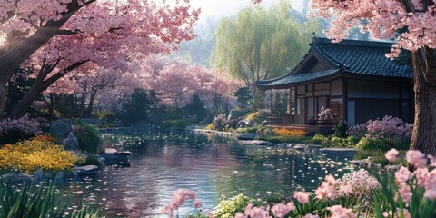 Wall Mural - garden with blooming cherry blossoms