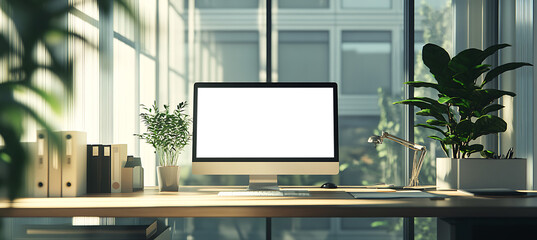 contemporary computer screen mockup in a sleek office setting - transparent png banner for web desig