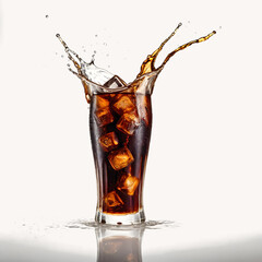 Glass of cola with splash isolated on white background, featuring a refreshing cold beverage with ice