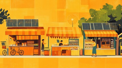 The concept of solar energy powering urban street markets sustainably in warm oranges and vibrant yellows