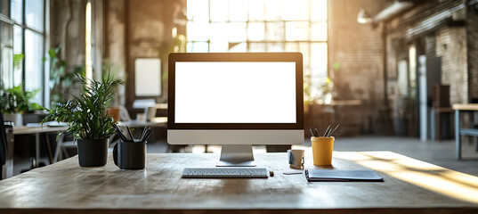 Wall Mural - sophisticated computer screen mockup in a modern office space - transparent png banner for visual ma