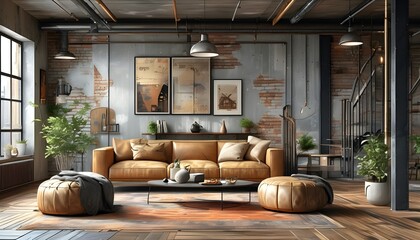 Stylish loft living room interior with industrial design elements and creative AI-enhanced decor