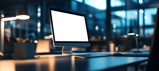 Wall Mural - minimalist computer screen mockup in a high-tech office environment - transparent png banner ideal f