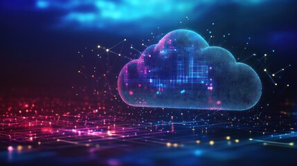 Poster - abstract cloud computing concept with glowing digital network and cloud icon.