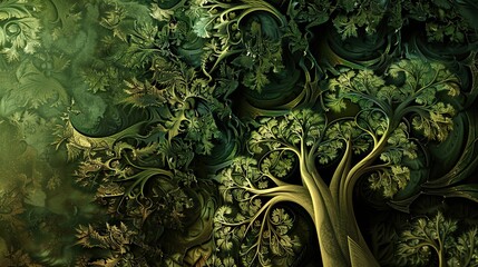 Wall Mural - Nature-inspired fractal background with earthy greens and browns resembling trees