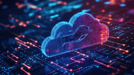 Poster - A glowing blue and red cloud icon on a digital circuit board with orange and blue glowing lines.