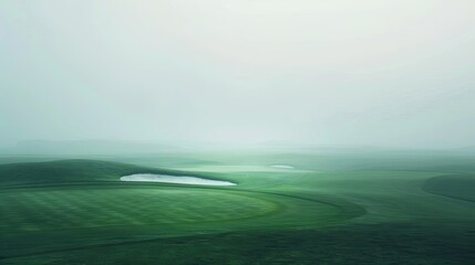 Blurred wallpaper of a golf course with rolling greens and a soft overcast background