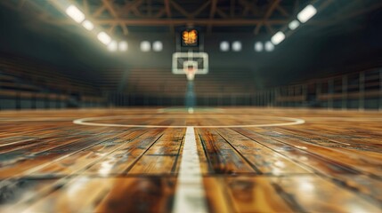 Wall Mural - Wallpaper of an empty court with polished floors and a hoop in the background