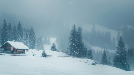 Poster - Snowy background of a softly lit cabin with distant pine trees creating a tranquil scene