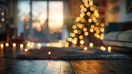 Living room wallpaper featuring distant holiday lights and a warm Christmas glow background