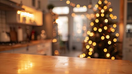 Wall Mural - Christmas kitchen wallpaper featuring softly glowing holiday lights and distant decorations