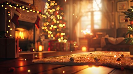 Christmas room wallpaper featuring blurred decorations and twinkling lights background