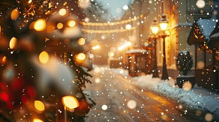 Poster - Wallpaper of a softly lit street with Christmas lights and a snowy holiday atmosphere