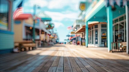 Sticker - Wallpaper of a boardwalk featuring blurred shops ocean and sunny sky background