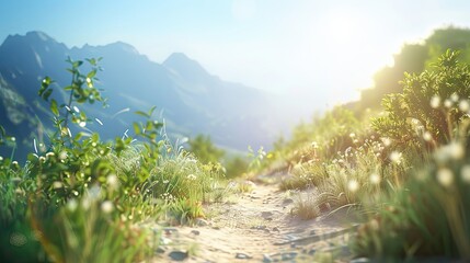 Poster - Hazy hiking trail wallpaper with softened mountains and greenery under a clear blue sky