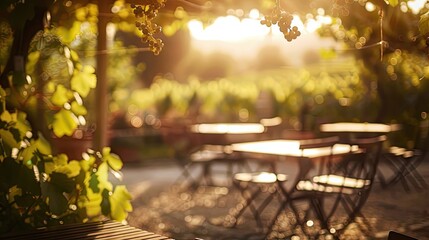 Poster - Blurred vineyard terrace with softened tables and grapevines in sunny background