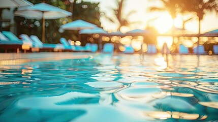 Blurred resort pool with softened loungers and bars under a bright sky backdrop